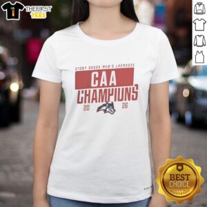 Original Stony Brook Seawolves Men's Lacrosse CAA Champions 2026 logo on a ladies' tee shirt.