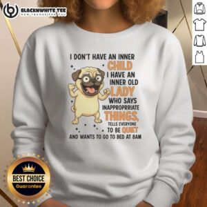 Funny sweatshirt featuring a top pug with glasses and the phrase 'Inner Old Lady Says Inappropriate Things' for dog lovers.