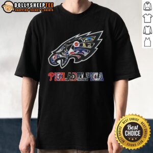 Hot Philadelphia Eagles NFL logo collage T-shirt featuring iconic Philadelphia sports team designs and vibrant colors.