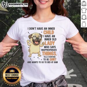 Funny top featuring a pug in glasses with the phrase 'Inner Old Lady Says Inappropriate Things' for pet lovers.