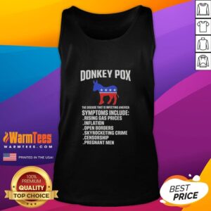 Trendy tank top featuring 'Nice Donkey Pox' design, raising awareness about the disease infecting America.