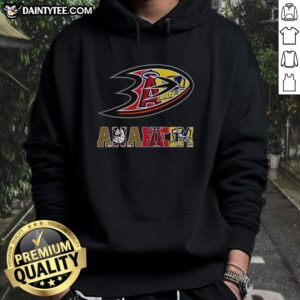 Collage hoodie featuring the Anaheim Ducks NHL logo and other Anaheim sports teams logos, perfect for fans.