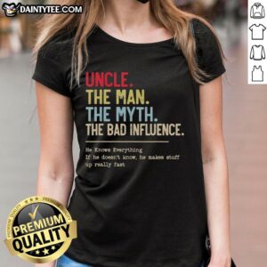 Vintage Ladies Tee featuring 'Nice Uncle: The Man, The Myth, The Bad Influence' design, perfect for casual wear.