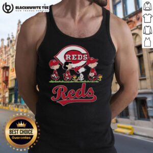 Cute Snoopy, Charlie Brown, Linus, and Lucy wearing Cincinnati Reds baseball jersey tank tops in a cheerful setting.