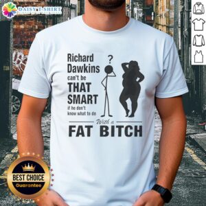 Alt Text: Official Richard Dawkins T-shirt featuring humorous quote about intelligence and confidence, perfect for fans.