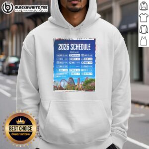 2026 New England Patriots NFL schedule poster hoodie featuring all kickoff times and game highlights.