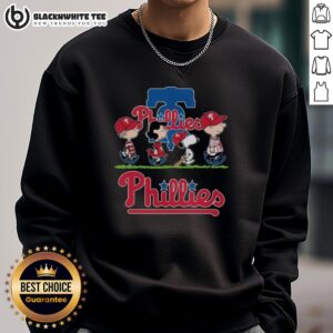 Snoopy, Charlie Brown, Linus, and Lucy in Philadelphia Phillies baseball jersey sweatshirts, celebrating team spirit.