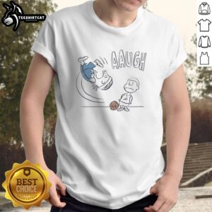 Alt Text: Lebron James cartoon t-shirt featuring Los Angeles Lakers and Peanuts characters in a fun basketball scene.