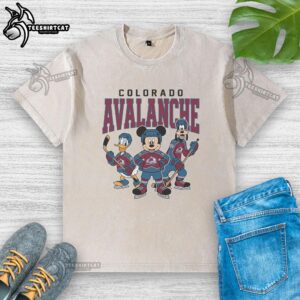 Nice Colorado Avalanche Disney Team ice hockey washed t-shirt featuring vibrant team colors and logo.