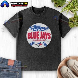 Alt Text: Awesome powder blue Toronto Blue Jays MLB x Topps washed t-shirt, featuring a stylish design for baseball fans.