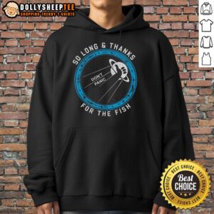 Original So Long Thanks For The Fish Hoodie in navy blue, featuring a playful fish graphic and cozy design.