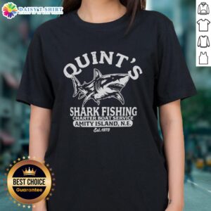 Original Quints Shark Fishing Charter Boat Service Amity Island, established 1975, features a great white shark ladies tee.