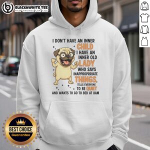 Funny hoodie featuring a pug with glasses and the phrase 'Inner Old Lady Says Inappropriate Things' - perfect for dog lovers!