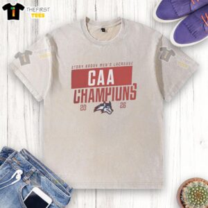 Alt Text: Original Stony Brook Seawolves Men's Lacrosse CAA Champions 2026 logo on a washed t-shirt, perfect for fans.