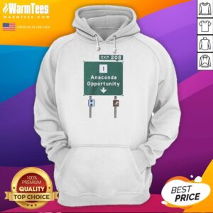 Alt Text: Premium Anaconda Opportunity Highway Sign Exit 208 Hoodie featuring a stylish design for outdoor enthusiasts.