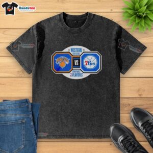 Original New York Knicks vs Philadelphia 76ers 2026 NBA Playoffs T-shirt showcasing team logos and playoff graphics.