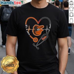 Alt Text: Official Baltimore Orioles Stethoscope Heartbeat T-Shirt - It's A Work Of Heart for sports fans and healthcare workers.