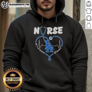 Top Los Angeles Dodgers Nurse 'It's A Work Of Heart' Hoodie in blue, showcasing team spirit and healthcare pride.