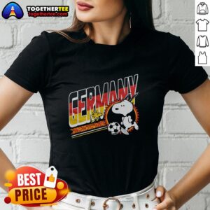 Alt Text: Top Peanuts Snoopy X Germany Soccer Ladies Tee featuring Snoopy in a soccer jersey, perfect for fans and casual wear.