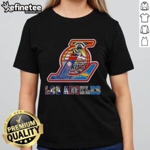 Collage of Los Angeles Lakers NBA logo with other LA sports teams on a ladies tee, perfect for fans and sports enthusiasts.