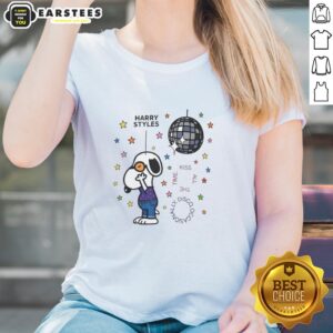 Cartoon ladies tee featuring Snoopy kissing, perfect for disco occasions, showcasing fun and playful design.