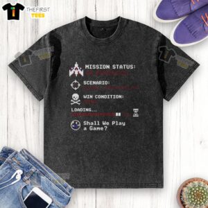 Alt Text: Good Shall We Play A Game Global Thermonuclear Washed T-Shirt featuring retro gaming graphics and a comfortable fit.