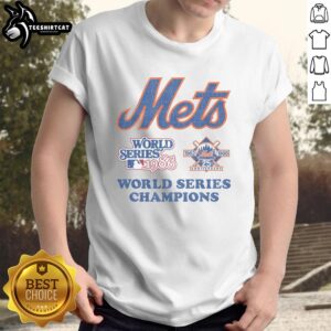 Alt Text: Premium New York Mets Cooperstown World Series Encased T-Shirt displayed on a hanger, showcasing team colors and logo.