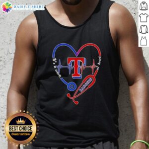 Top Texas Rangers stethoscope heartbeat tank top design showcasing a heart-themed graphic for baseball fans.