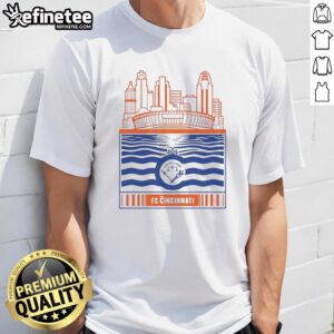 Official FC Cincinnati retro T-shirt featuring city skyline, stadium, river, and logo design.
