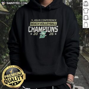 Alt Text: Hot Stetson Hatters 2026 Beach Volleyball Conference Champions hoodie displayed on a beach background.
