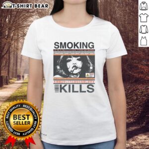 Retro manga anime graphic style ladies tee featuring 'Pretty Smoking Kills' design, vibrant colors and unique artwork.