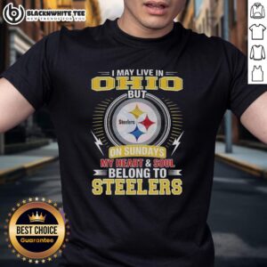 Alt Text: Awesome Pittsburgh Steelers NFL t-shirt featuring 'I May Live In Ohio On Sundays, My Heart Belongs To Steelers'