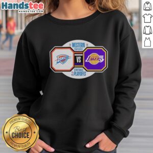 Original Oklahoma City Thunder vs Los Angeles Lakers 2026 NBA Playoffs sweatshirt featuring team logos and vibrant colors.