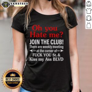 Trendy ladies tee featuring 'Weekly Meeting' graphic at the corner of 'F* You St & Kiss My Ass Blvd' for casual wear.