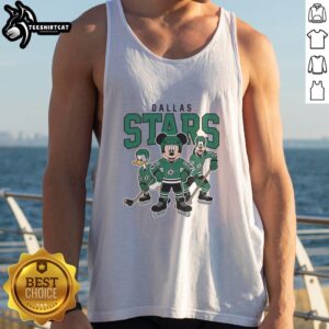 Woman wearing a Nice Dallas Stars Disney team ice hockey tank top while cheering at a game.