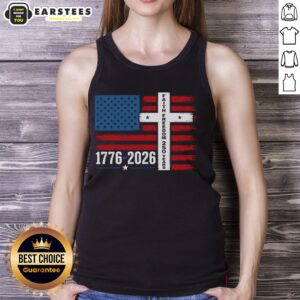 Alt Text: American flag tank top with cross design, celebrating 250 years of faith and freedom, 1776-2026.