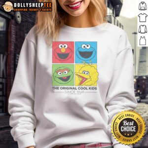 Alt Text: Top Sesame Street Original Cool Kids Since 1969 sweatshirt featuring iconic characters in vibrant colors.
