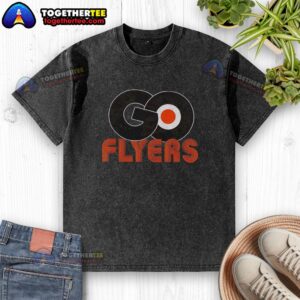 Good Philadelphia Flyers Ice Hockey Let's Go Flyers logo on a washed t-shirt, perfect for fans and game day attire.