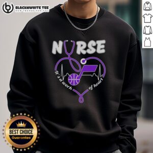Alt Text: Awesome Utah Jazz Nurse sweatshirt featuring a stethoscope shaped like a heart, perfect for healthcare fans.