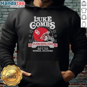 Hot Oklahoma Sooners helmet featured on Luke Combs May 09, 2026 tour hoodie, perfect for fans in Norman, OK.