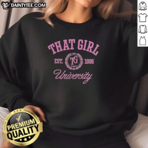 Pretty That Girl Crest Est 1996 TG University Sweatshirt in navy blue, featuring a classic logo and cozy design.