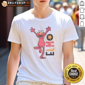 Top Sesame Street Elmo cartoon text T-shirt featuring vibrant colors and playful design, perfect for kids and fans alike.