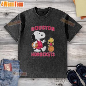 Alt Text: Cute Snoopy and Woodstock graphic on a Houston Rockets basketball washed t-shirt for fans and collectors.