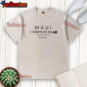 Alt Text: Premium Maui sportswear USA flags washed t-shirt featuring a vintage design and comfortable fit for casual wear.
