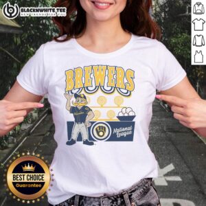 Alt Text: Top Mitchell & Ness Cream Milwaukee Brewers Step Back Up Ladies Tee - stylish women's sportswear for Brewers fans.