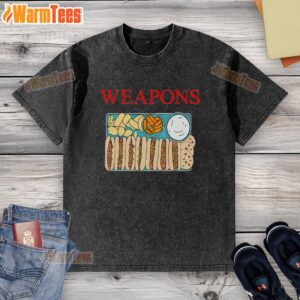 Alt Text: Funny weapons made of fast foods like hot dogs, cookies, and chips on a washed t-shirt design.