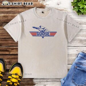 Alt Text: Retro washed t-shirt featuring the Official Top Gun Goose fighter plane design, perfect for aviation and movie fans.