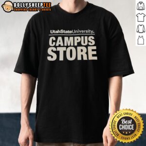 Utah State University Campus Store college text t-shirt featuring bold lettering and the university logo, perfect for students.