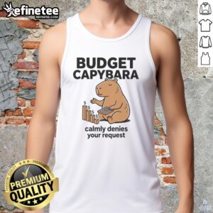 Capybara in a tank top calmly denying a request, showcasing a fun and quirky budget-friendly style.