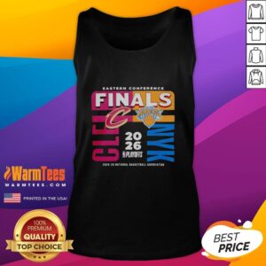 Alt Text: 2025-26 NBA Eastern Conference Finals tank top featuring Cleveland Cavaliers vs New York Knicks design.